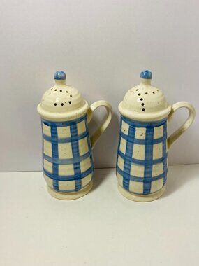 Country Living Salt & Pepper Shakers Vintage Blue and White Checkered H 5 1/2"
